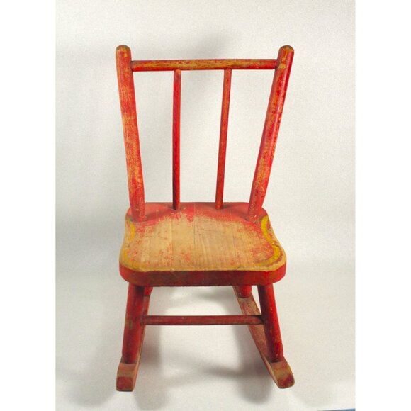 Vintage Doll Rocking Chair 14.5" Tall Red Yellow Wood Chair Primitive Folk Art - Picture 3 of 9